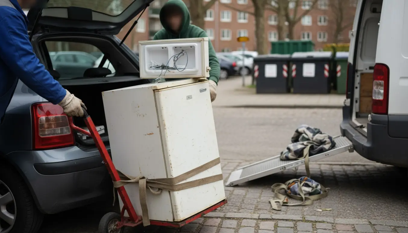 Lille køleskab læsses ind i en bil på en boligvej ved en genbrugsstation.