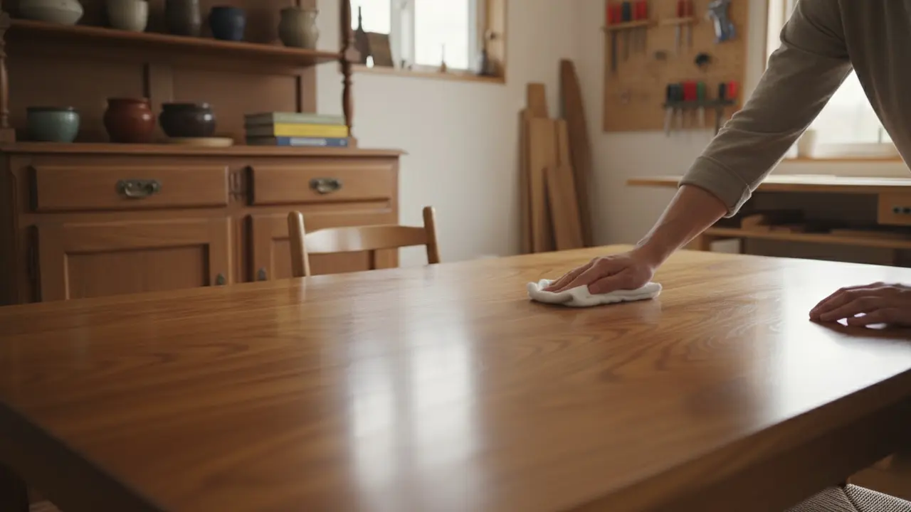 Person polerer et træbord indendørs med blød klud, synlig varm træstruktur