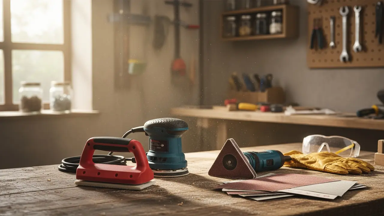 Nærbillede af slibeværktøj: excentersliber, trekantsliber, slibeklods og slibepapir