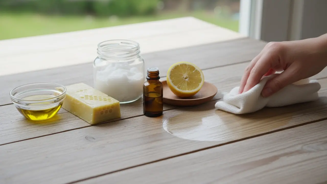 Naturlige poleringsprodukter på træbord: olivenolie, bivoks, kokosolie, citron og klud