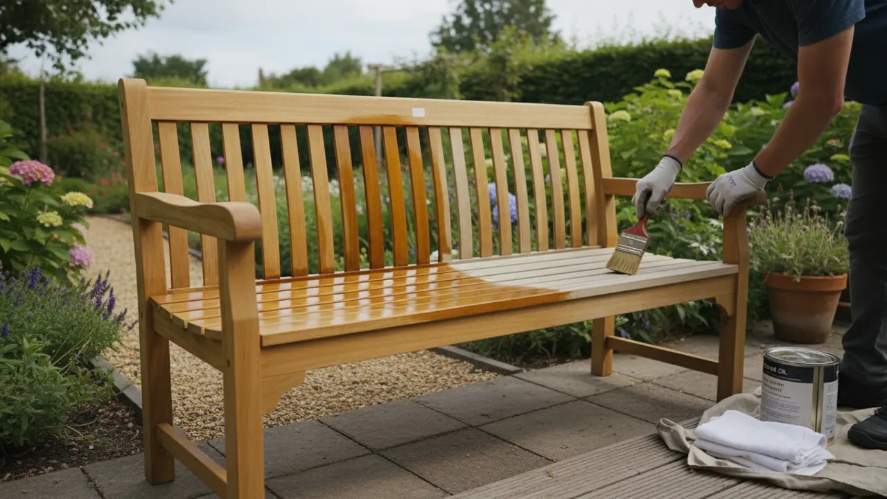 Person oliebehandler havemøbel af træ udendørs, synligt forskel mellem behandlet og ubehandlet træ