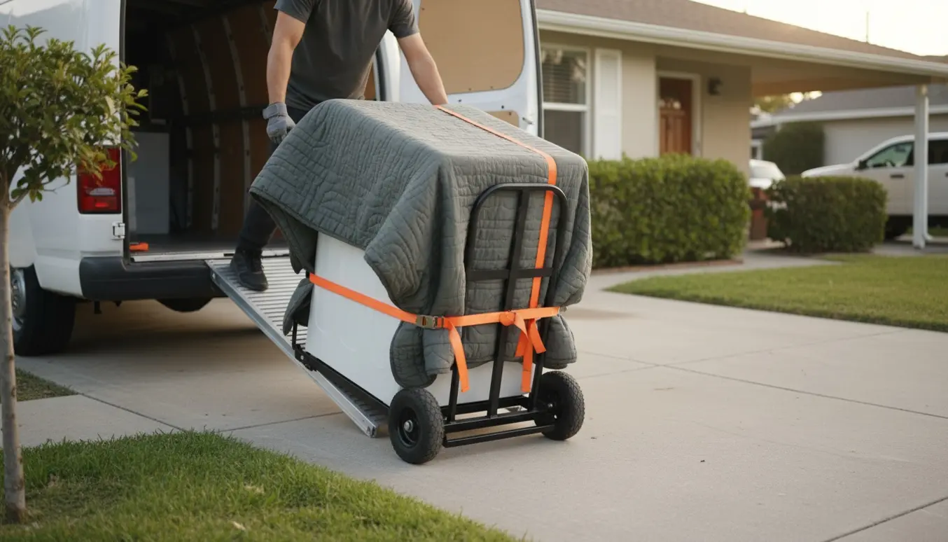 To flyttemænd læsser en stor vaskemaskine fra carporten ind i en varevogn på jævnt underlag.