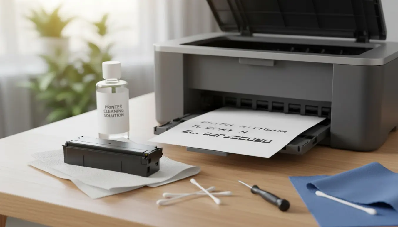 Åben hjemmekontorprinter med fjernet sort patron, udskrift med manglende blæk og rengøringsværktøj på skrivebordet.