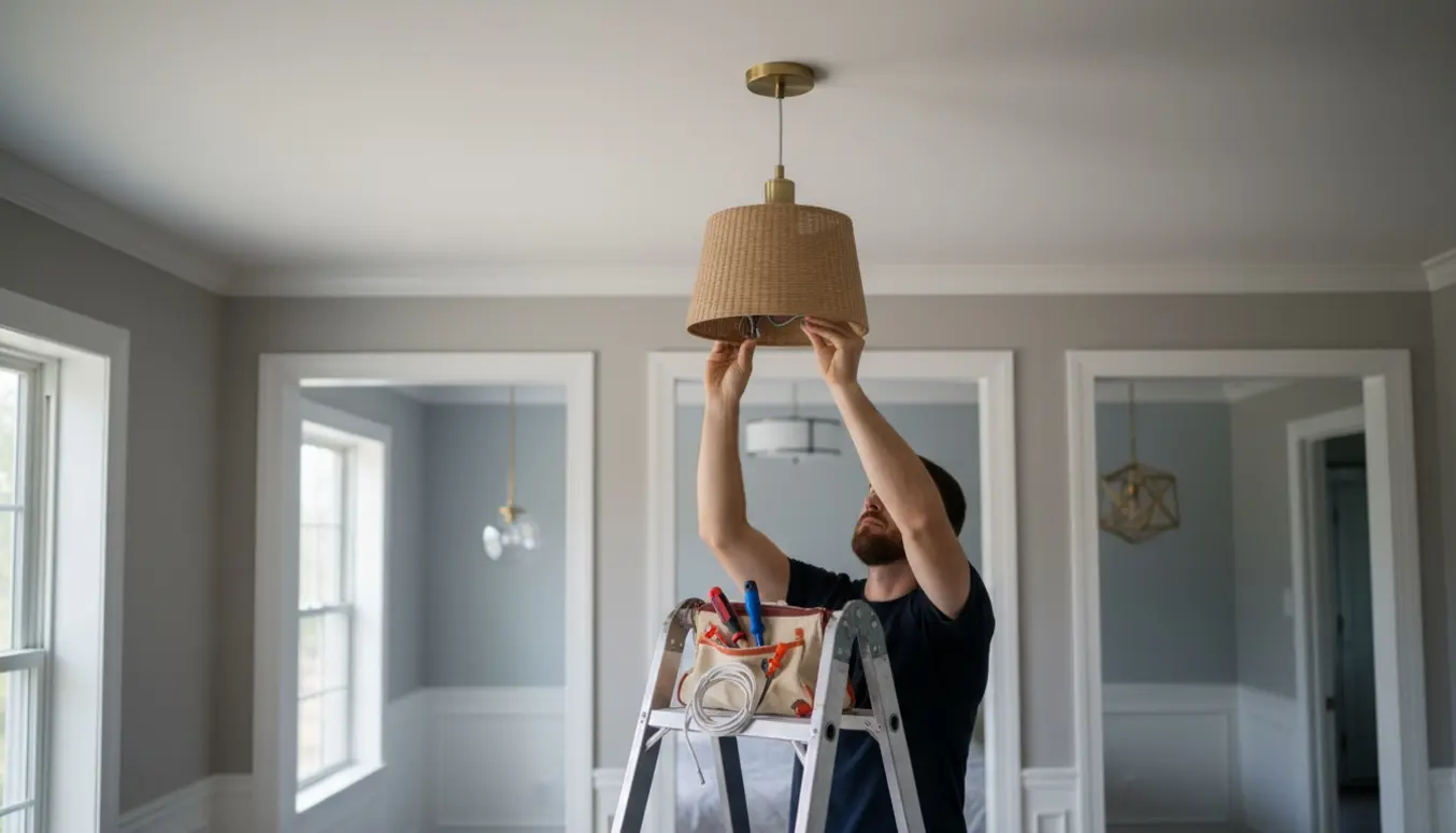 Person på stige monterer en loftlampe med tre andre nyligt ophængte lamper synlige i baggrunden.