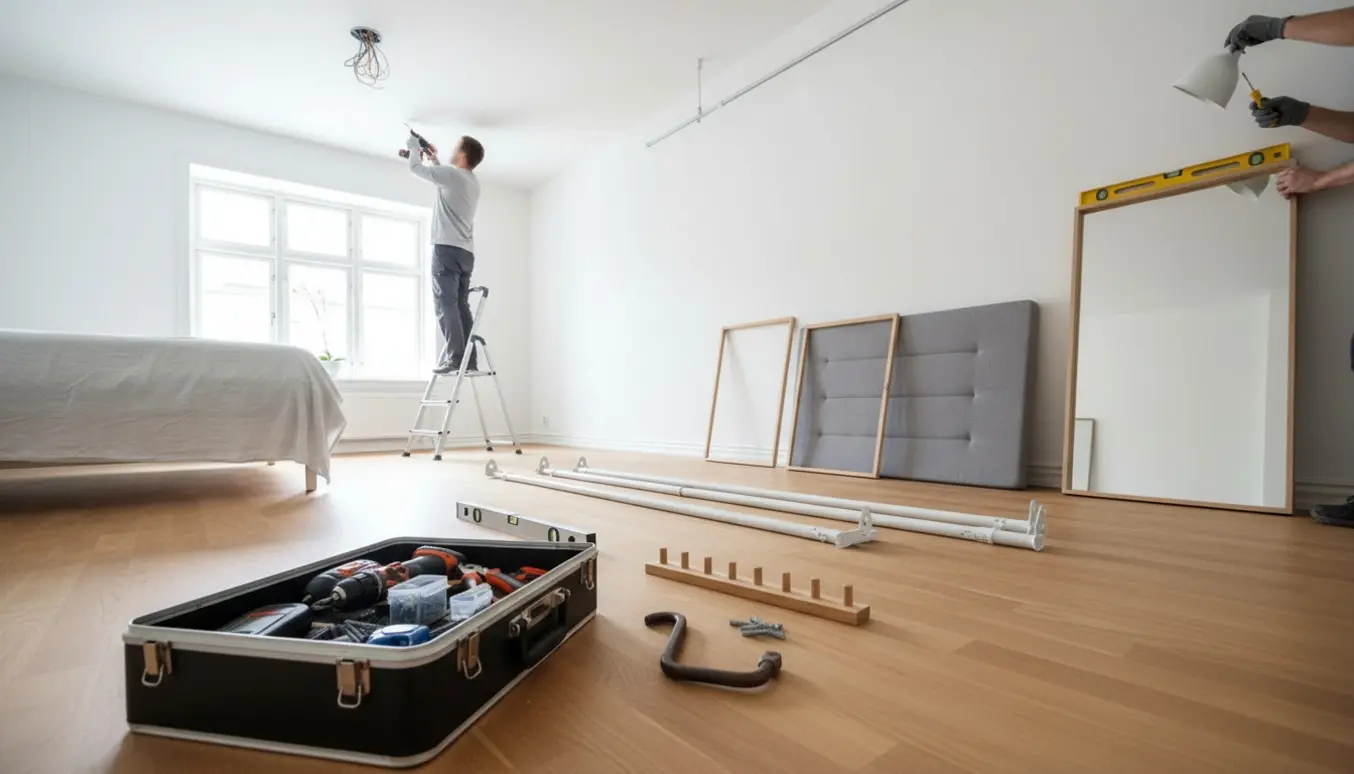 Håndværker på stige hænger gardinstang i loftet i en lys lejlighed med værktøj og spejl klar til opsætning.
