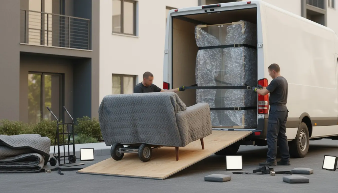 Et indpakket glasvitrineskab og en beskyttet sofa læsses i en varevogn under en flytning.