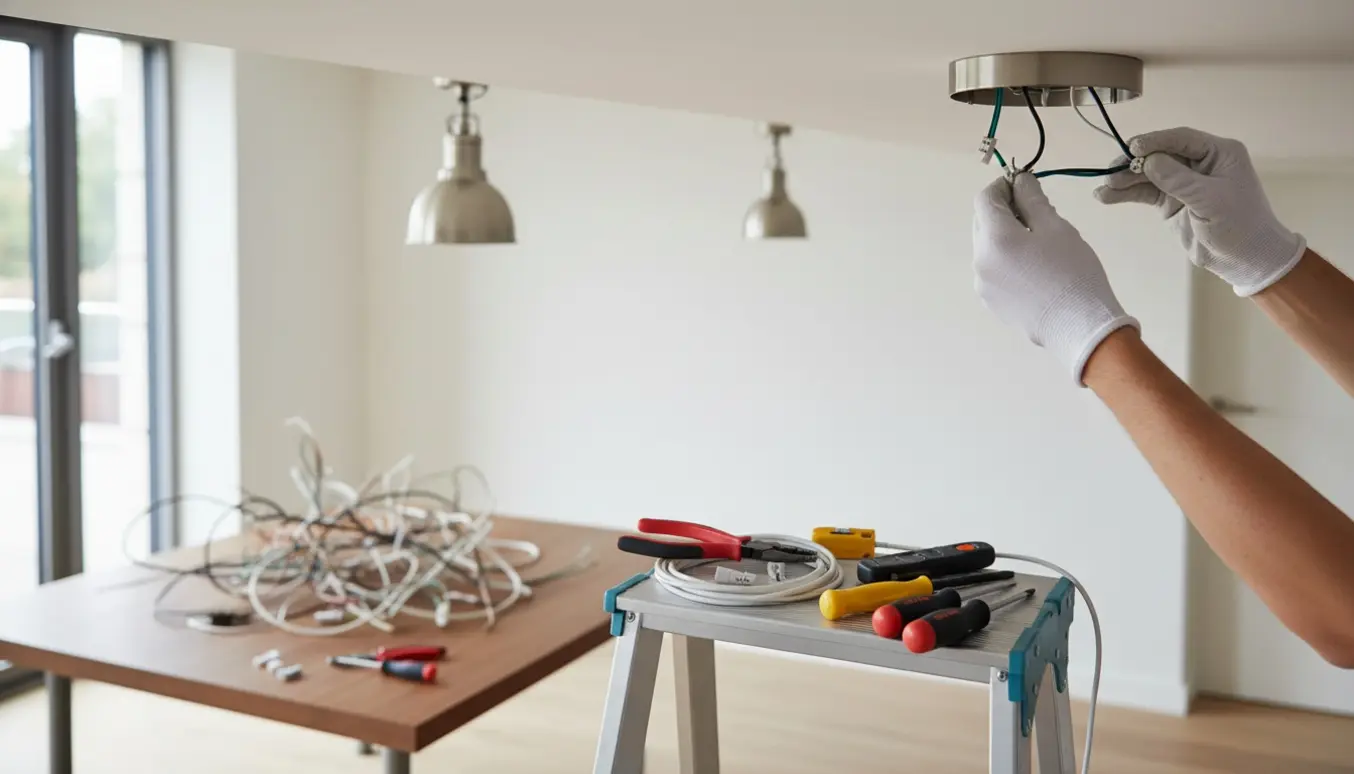 Nærbillede af elektrikers hænder på en stige, der ommonterer to loftslamper og organiserer kabler for et pænt resultat.
