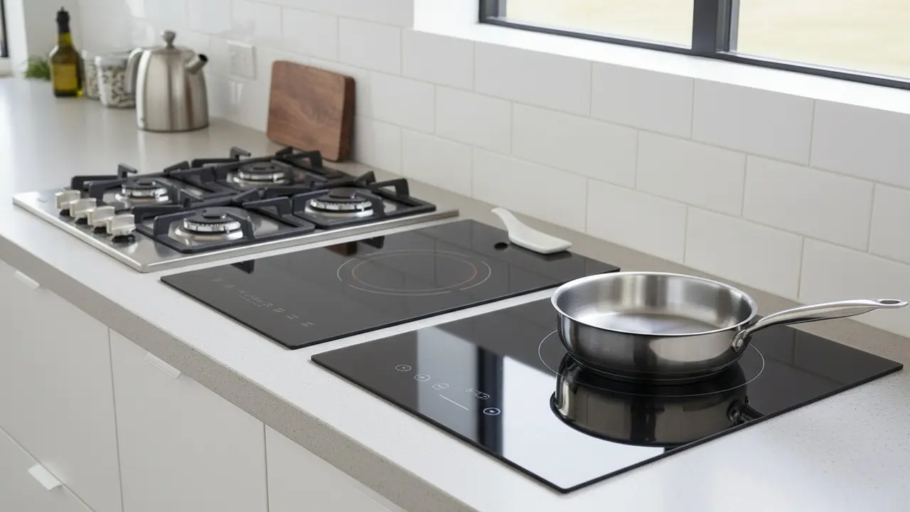 Tre komfurtyper i moderne køkken: gaskomfur, keramisk kogeplade og induktionskogeplade.