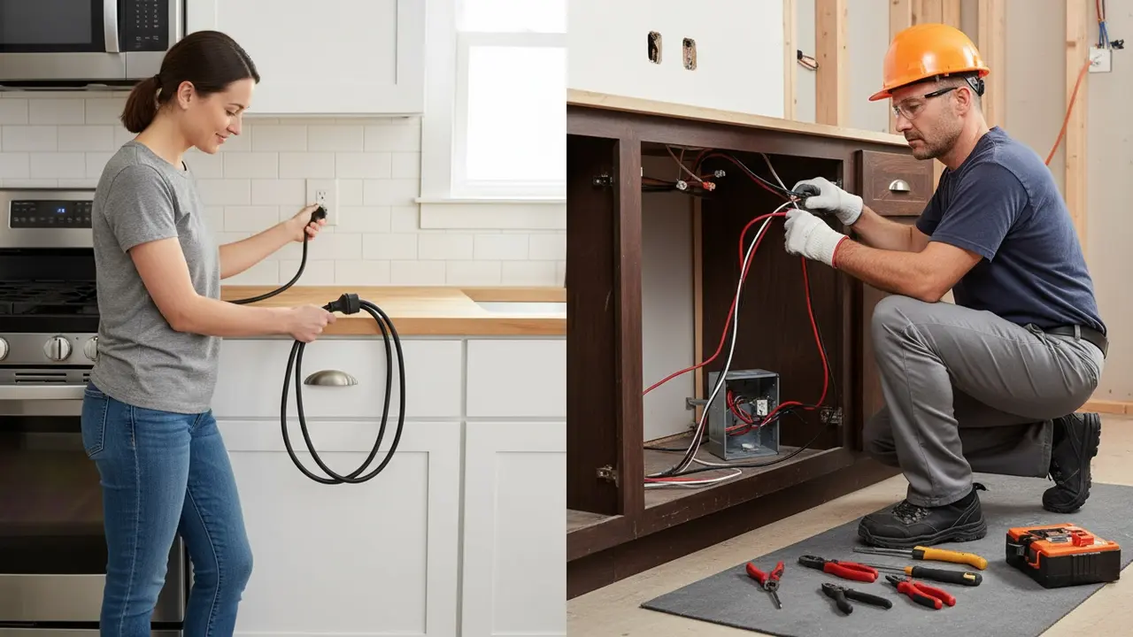 Husejer sætter komfur i stikkontakt (venstre) og elektriker arbejder med fast installation (højre).