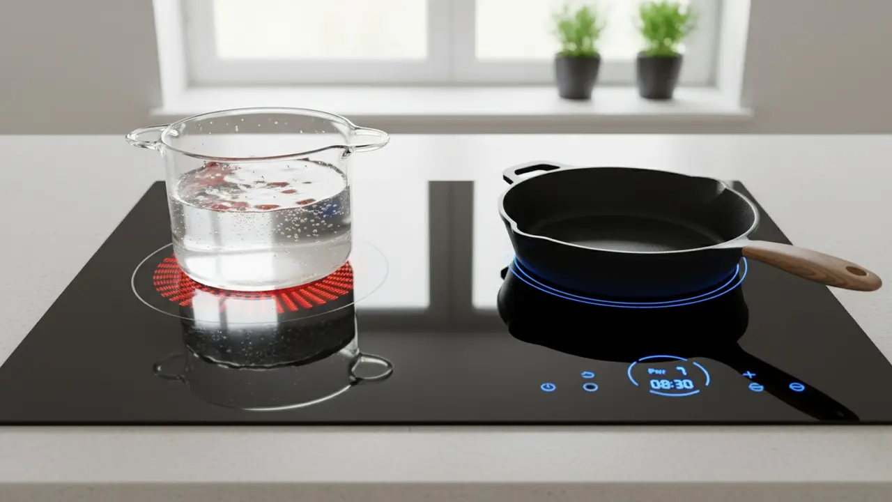 Sammenligning: keramisk kogeplade med glødende ring (venstre) og induktionskogeplade med pande (højre).