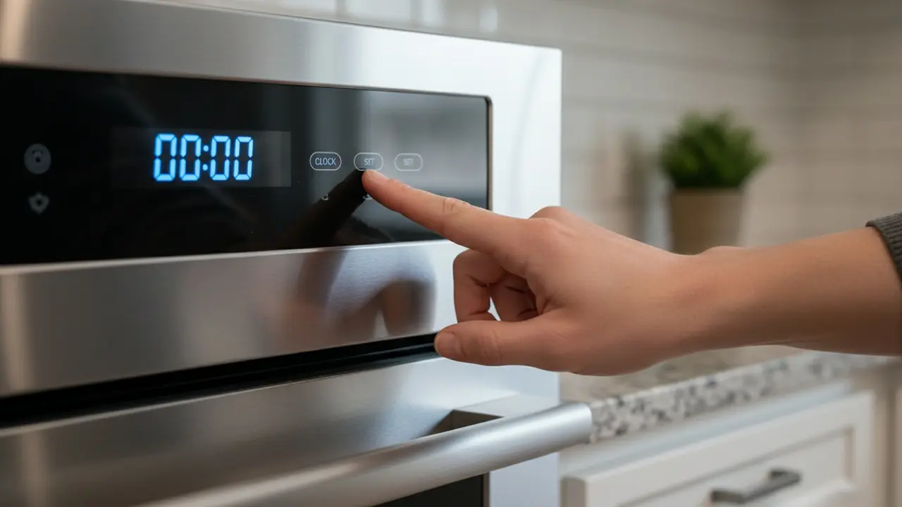 Nærbillede af ovnens display mens en hånd justerer uret på kontrolpanelet.