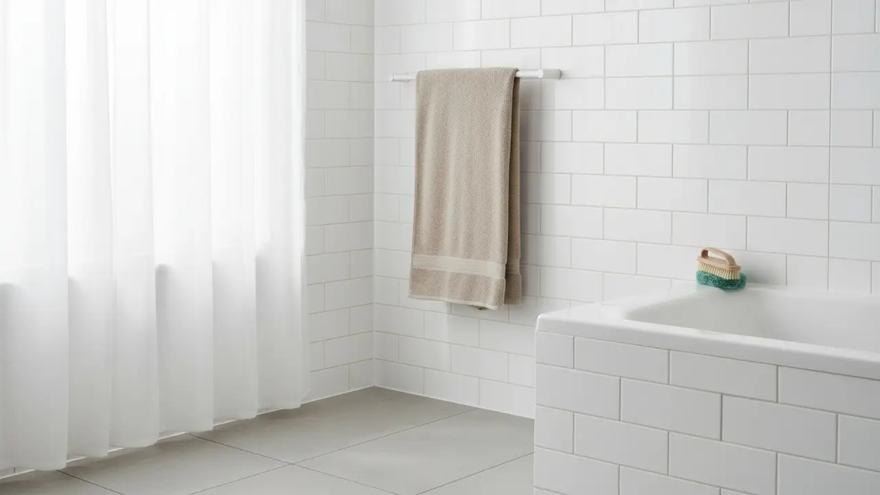 Lyst badeværelse med rene hvide fliser og tydelige fuger