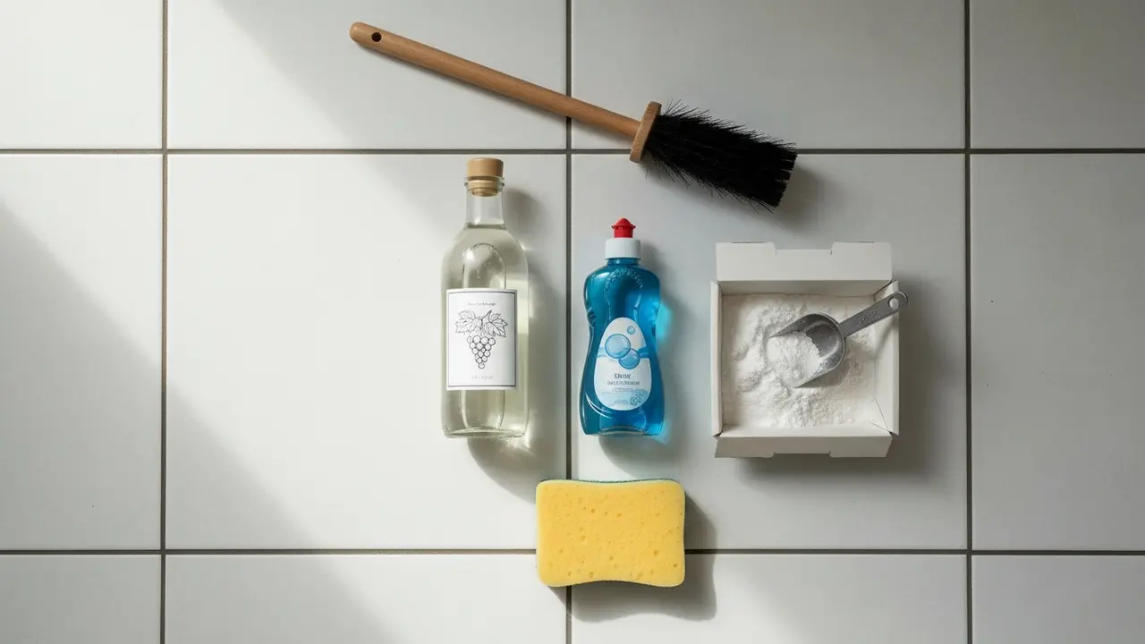Rengøringsmidler på fliser: eddike, opvaskemiddel, bagepulver og børste