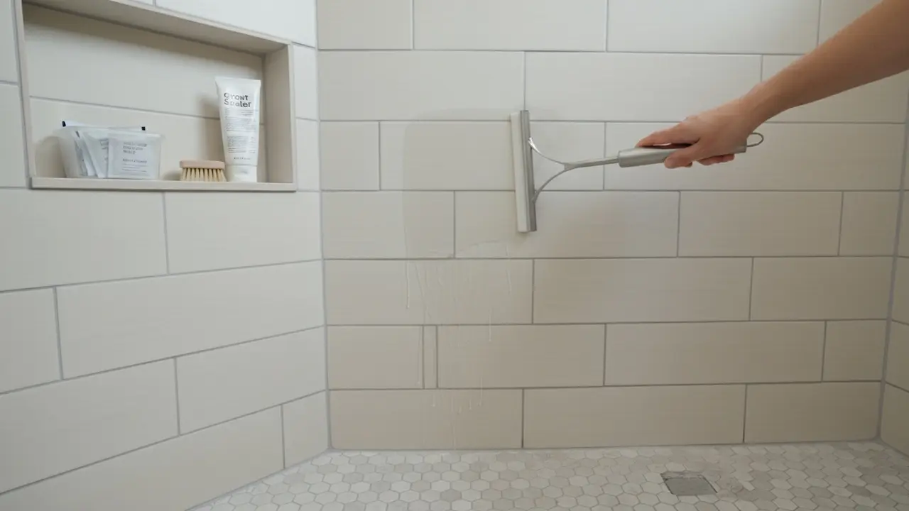 Person vasker vand væk med en aftrækker, silikagel og fugeforsegler ved siden af