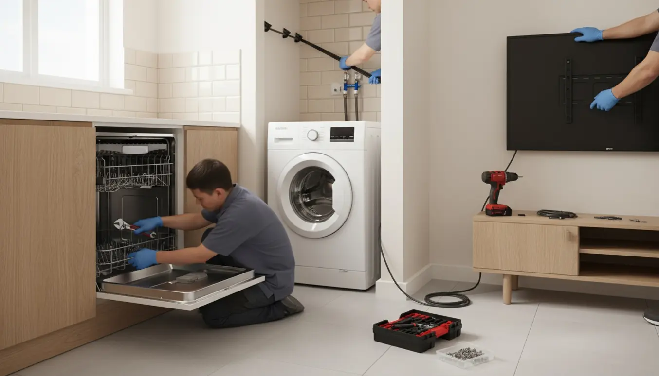 Tekniker i et lyst hjem monterer opvaskemaskine, tilslutter vaskemaskine og hænger et TV op, kun hænder og værktøj er tydelige.