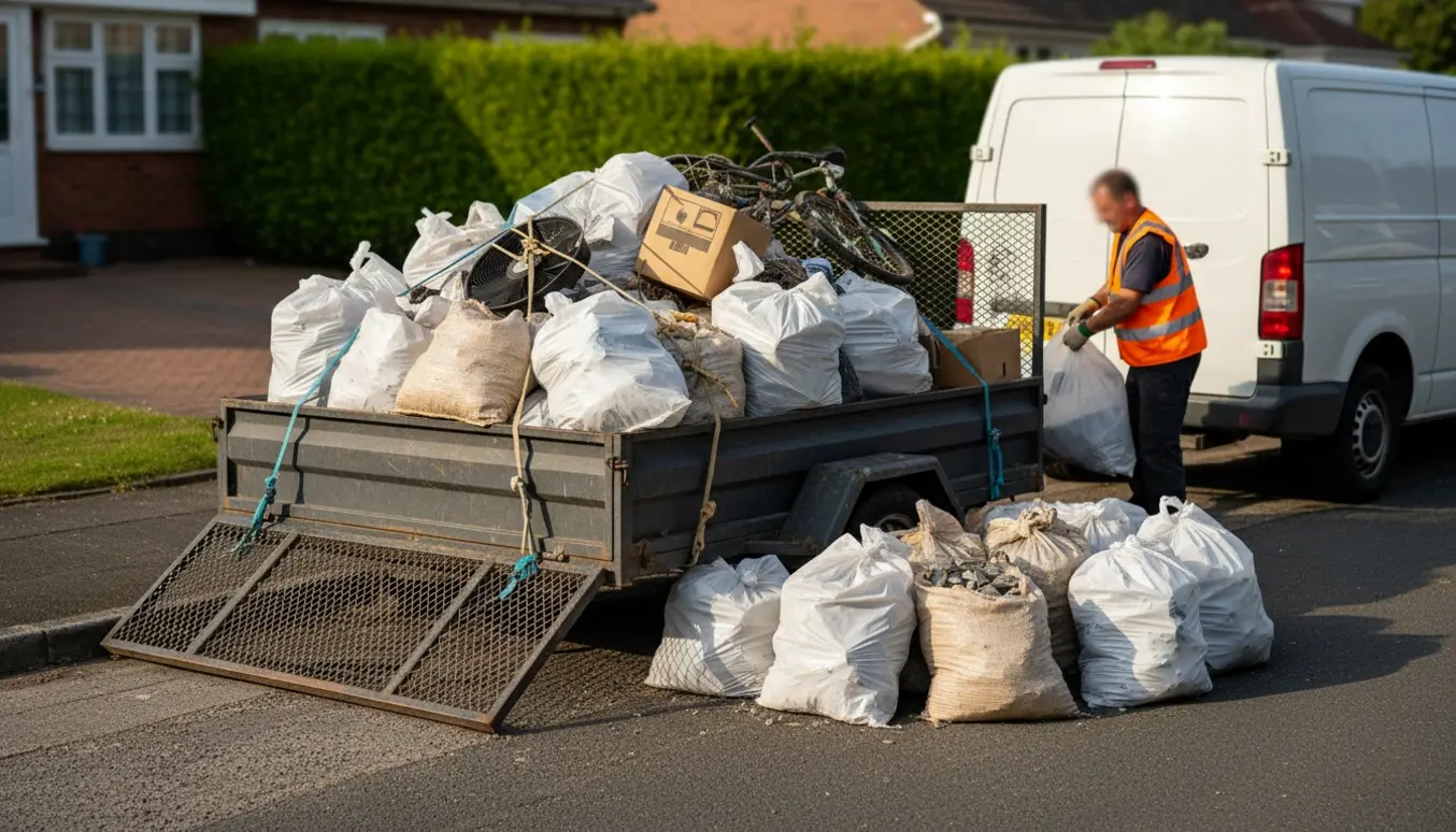 Trailer ved fortovet med poser med plastaffald og sække med sten klar til bortkørsel.
