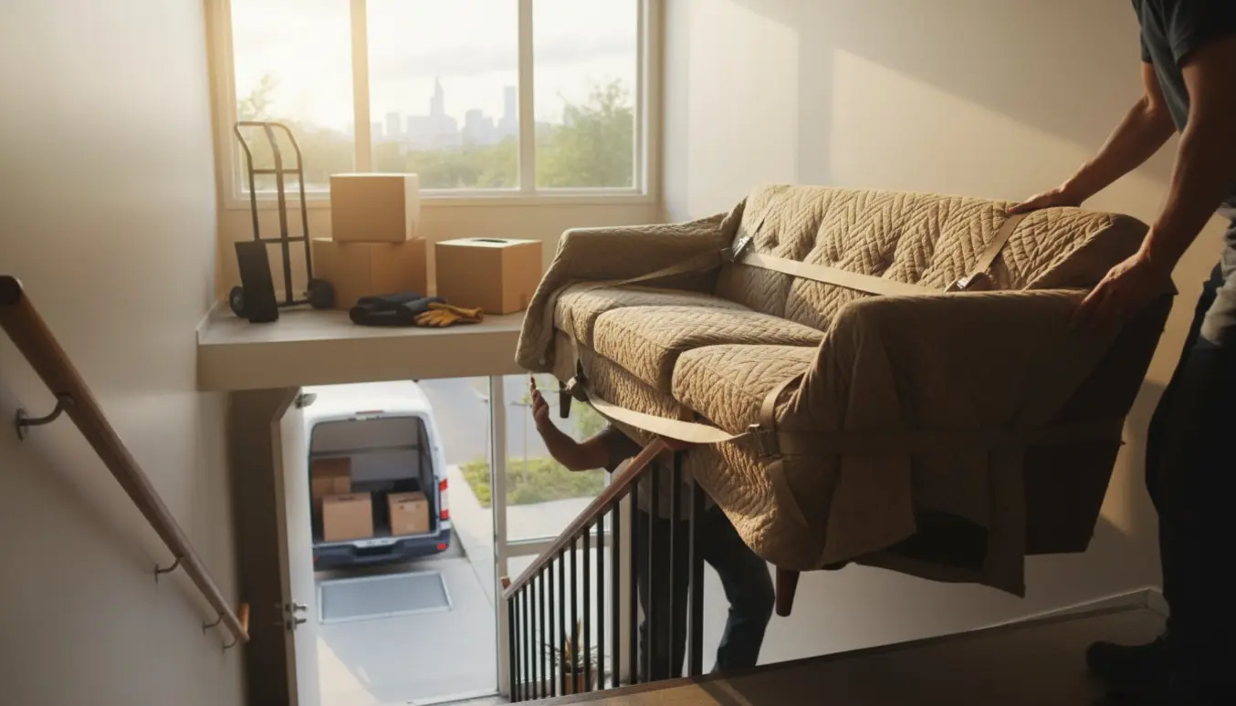 To flyttemænd bærer en indpakket sofa ned ad en smal trappe mod en åben flyttebil.