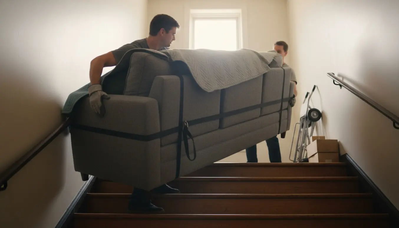 To personer bærer en sofa op ad en opgangstrappe mod en lys repos, ansigter er ikke synlige.