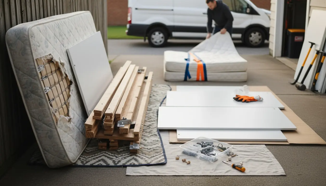 Ødelagt seng og adskilt fladpakket garderobe i indkørsel klar til bortskaffelse med værktøj og beskyttelsesudstyr.