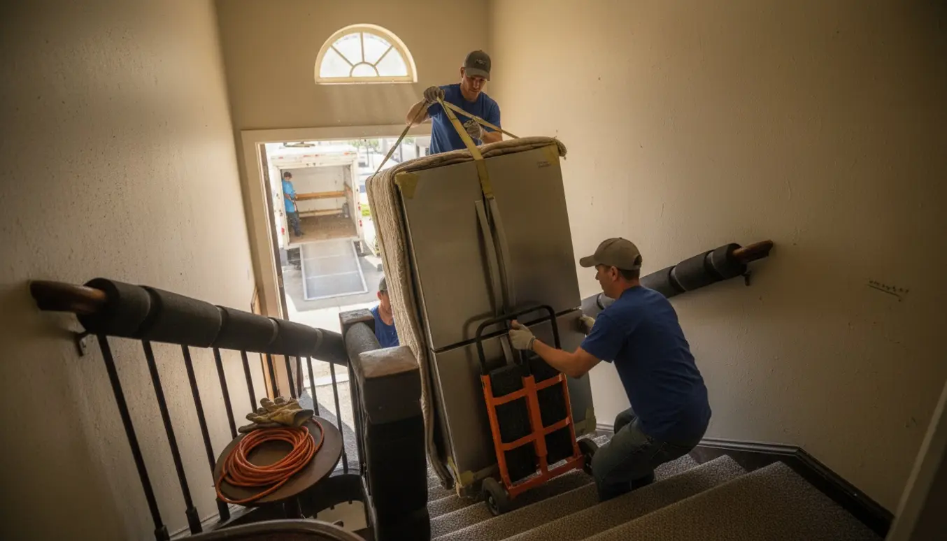 Flytning af et køle-fryseskab ned ad en trappe med dolly og beskyttelses tæpper, klar til afhentning.