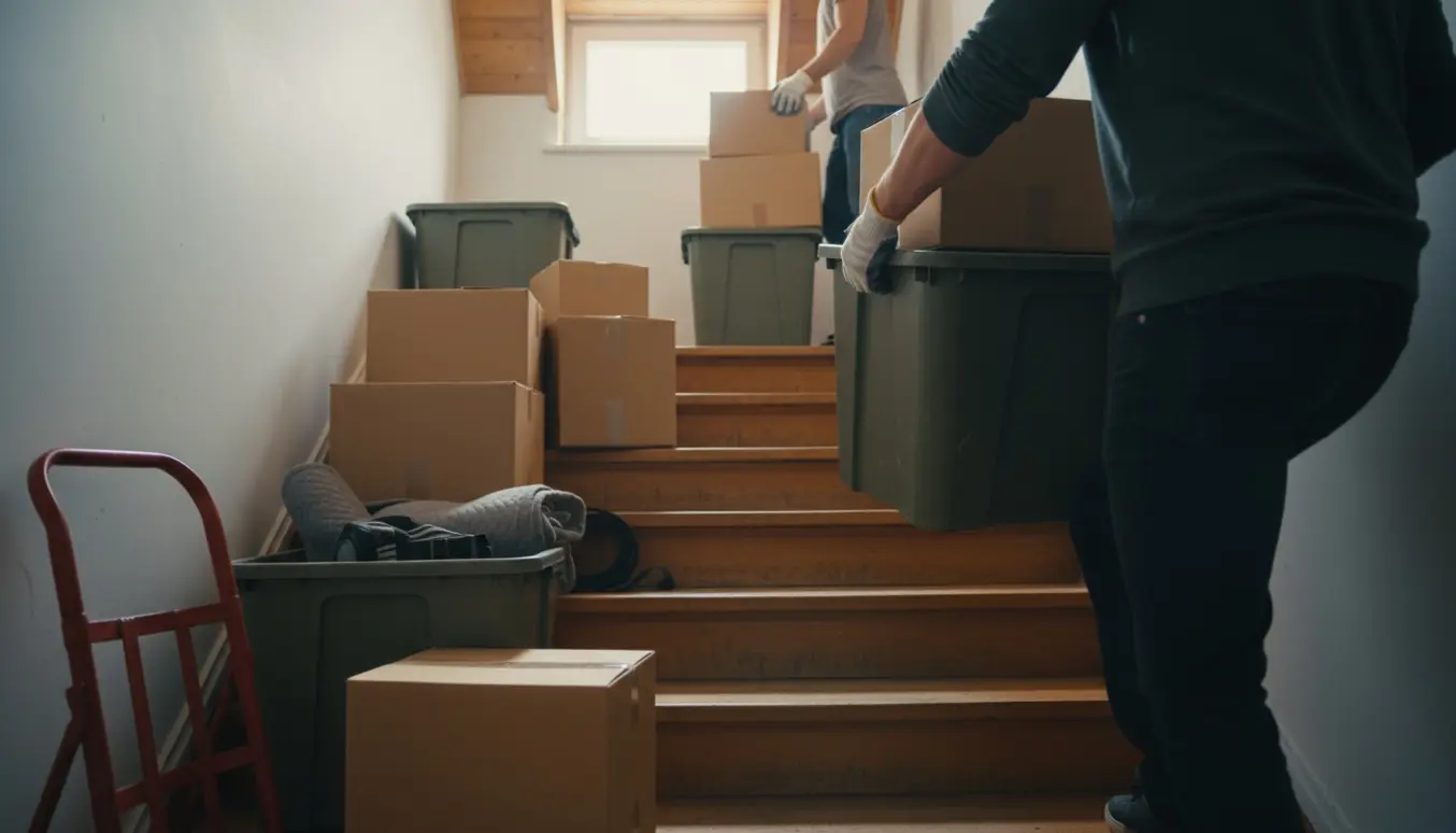 En person bærer en tung 80L plastkasse op ad en smal bagtrappe mod et åbent loft, omgivet af pap- og plastkasser.