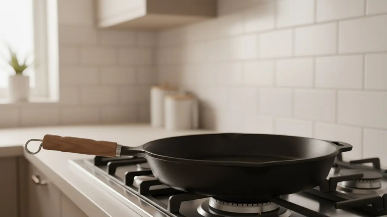 Skinnende, velplejet støbejernspande på komfuret i et moderne køkken
