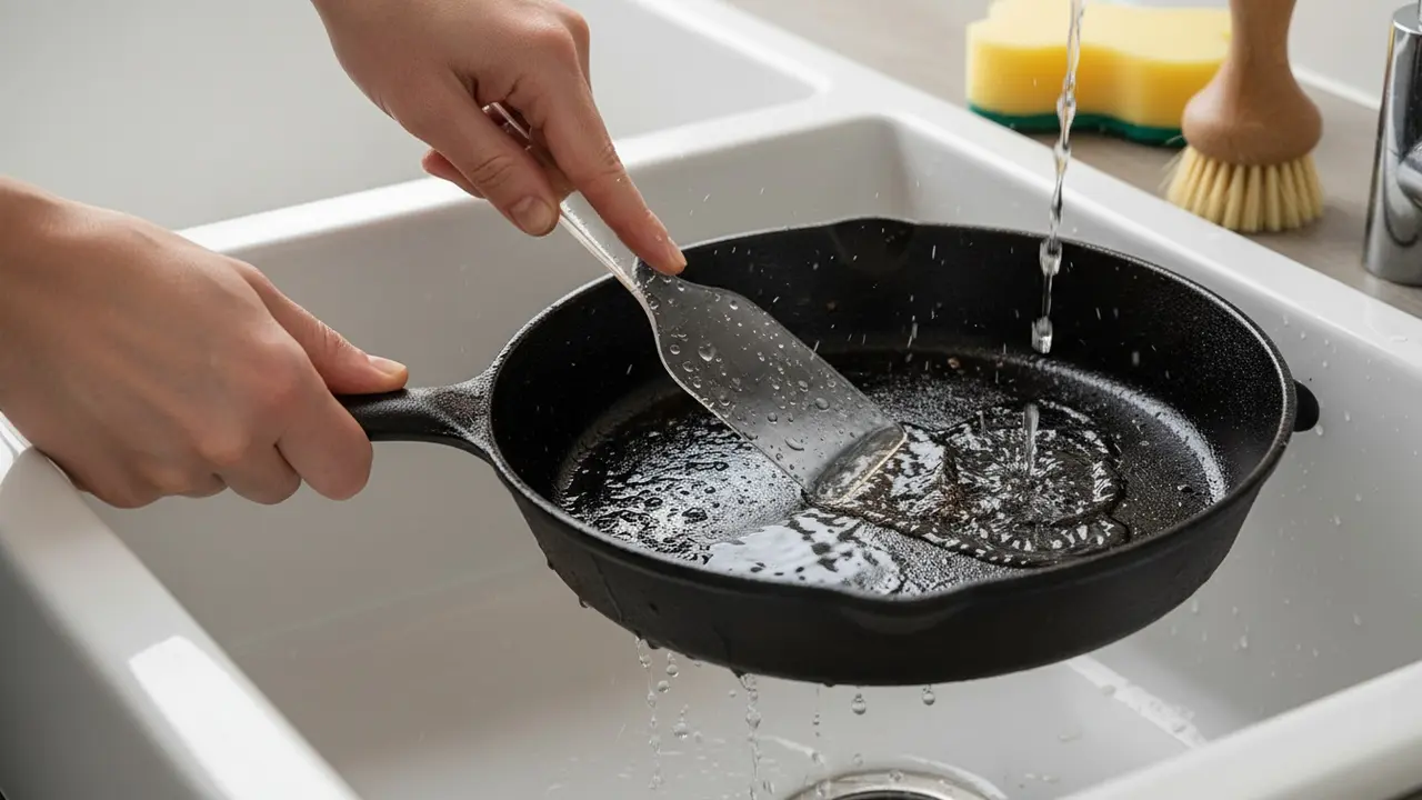 Hænder skraber blidt fastbrændte madrester af en støbejernspande ved vasken