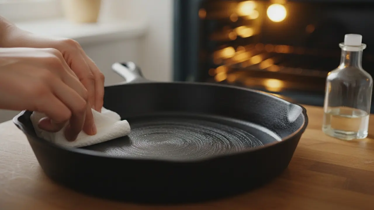 Hånd smører et tyndt lag madolie jævnt på en tør støbejernspande med køkkenrulle