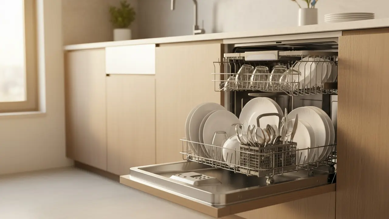 Moderne indbygget opvaskemaskine åben med rene tallerkener og glas