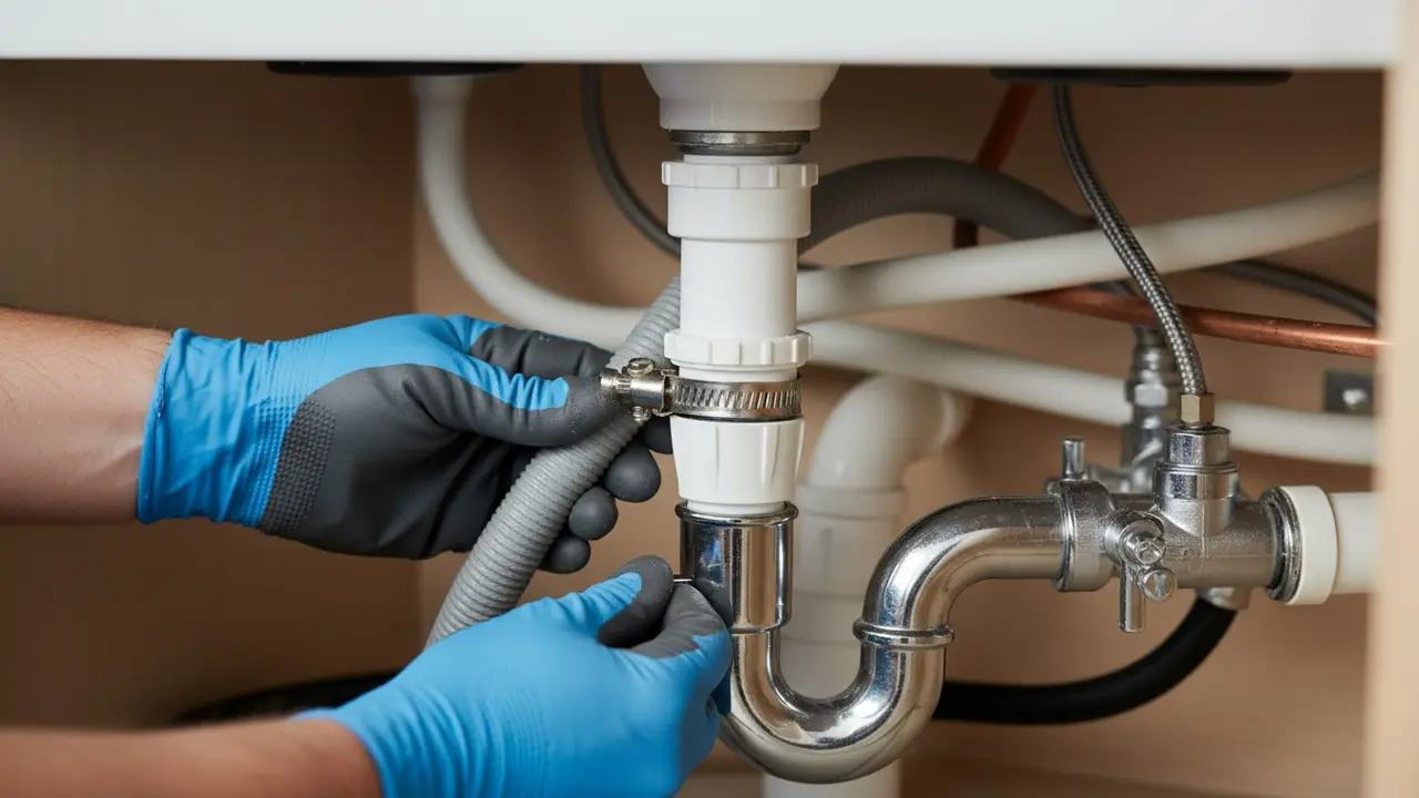 Tilslutning af afløbsslange til tuden under køkkenvask med slangeklemme