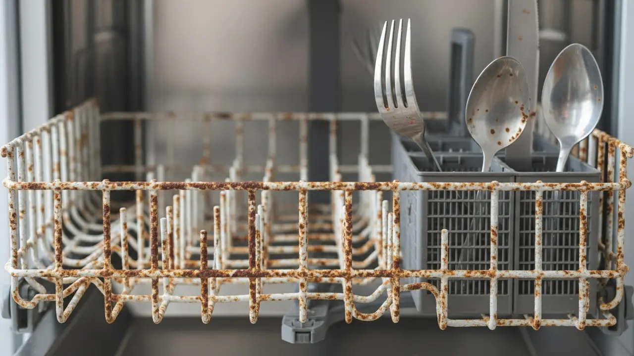 Nærbillede af rustne stativer og rustpletter i opvaskemaskinens indre