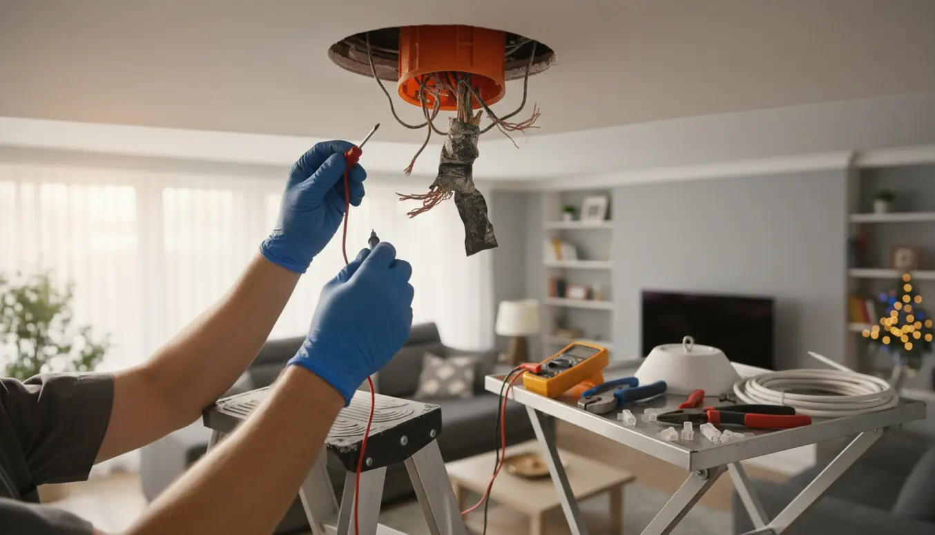 Autoriseret elektriker reparerer en faldet loftslampe og eksponeret koblingsdåse i en stue.