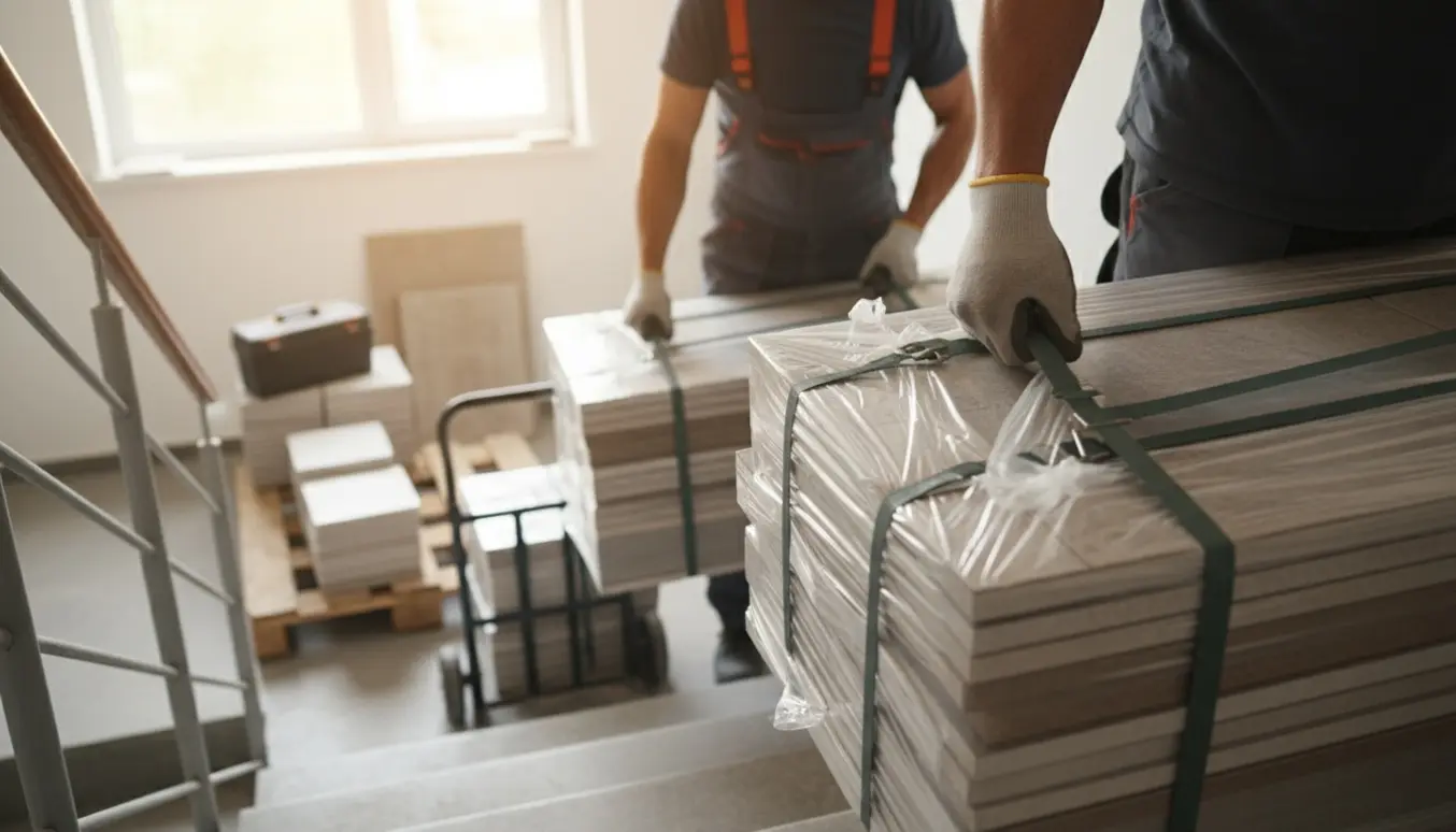 Tunge pakker fliser bæres op ad en trappe med fokus på hænder, stropper og flisekanter.