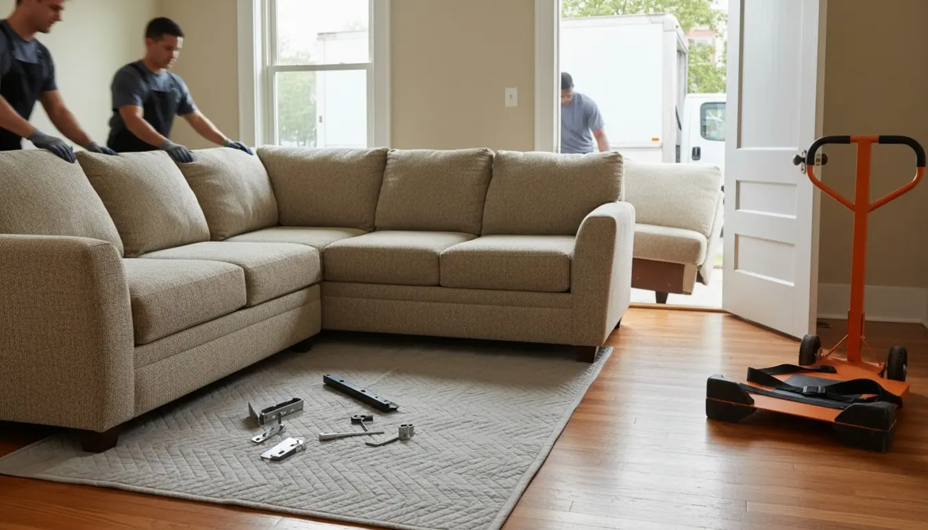 Stor U-formet sofa, delvist adskilt, trækkes gennem en smal dør med flytteudstyr klar.