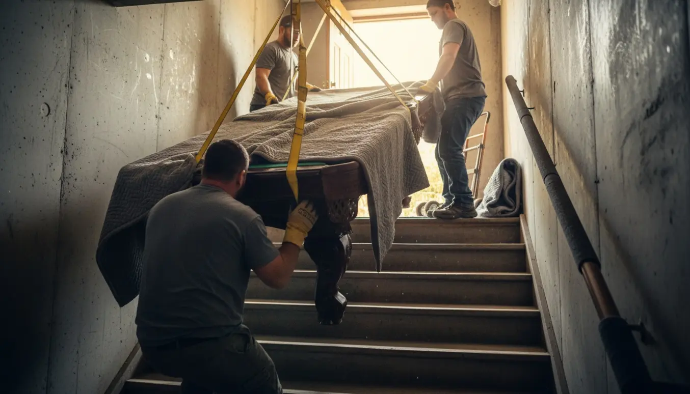 Arbejdere bærer et tungt billardbord op ad en kældertrappe, dækket af flyttetæpper og sikret med stropper.