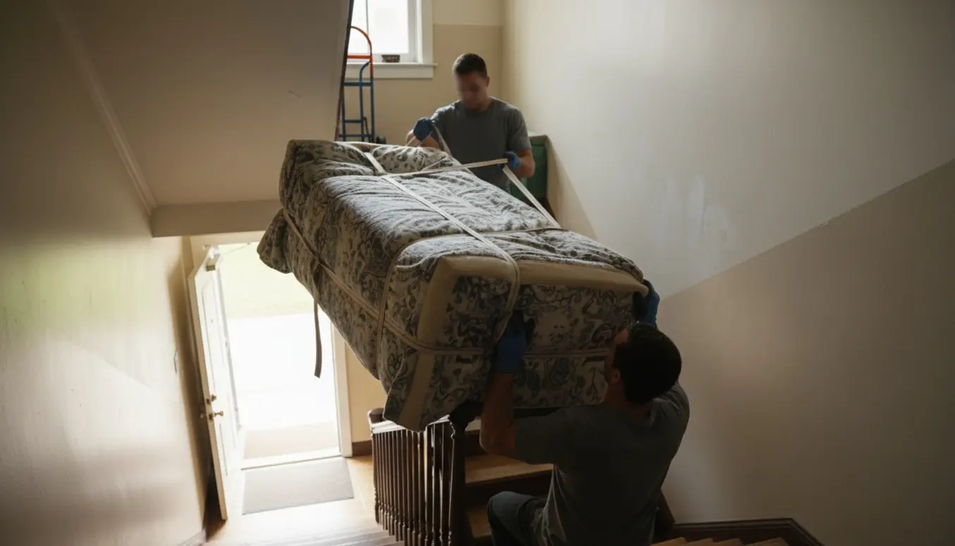 To flyttemænd bærer en indpakket sofa ned ad en smal trappe i en opgang uden elevator.