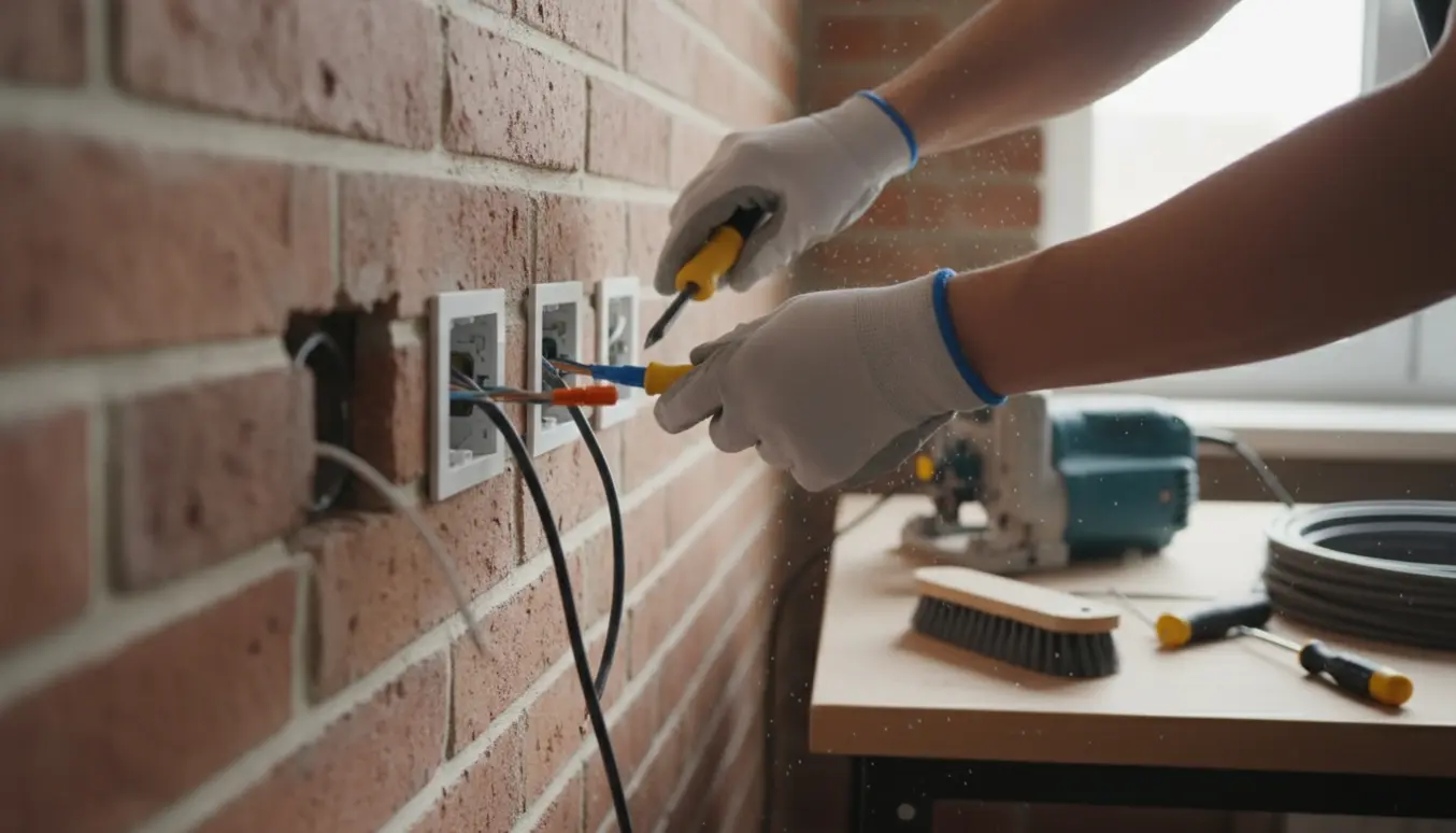 Hænder forlænger to ledninger og monterer to indfældede kontakter i en murstensvæg.