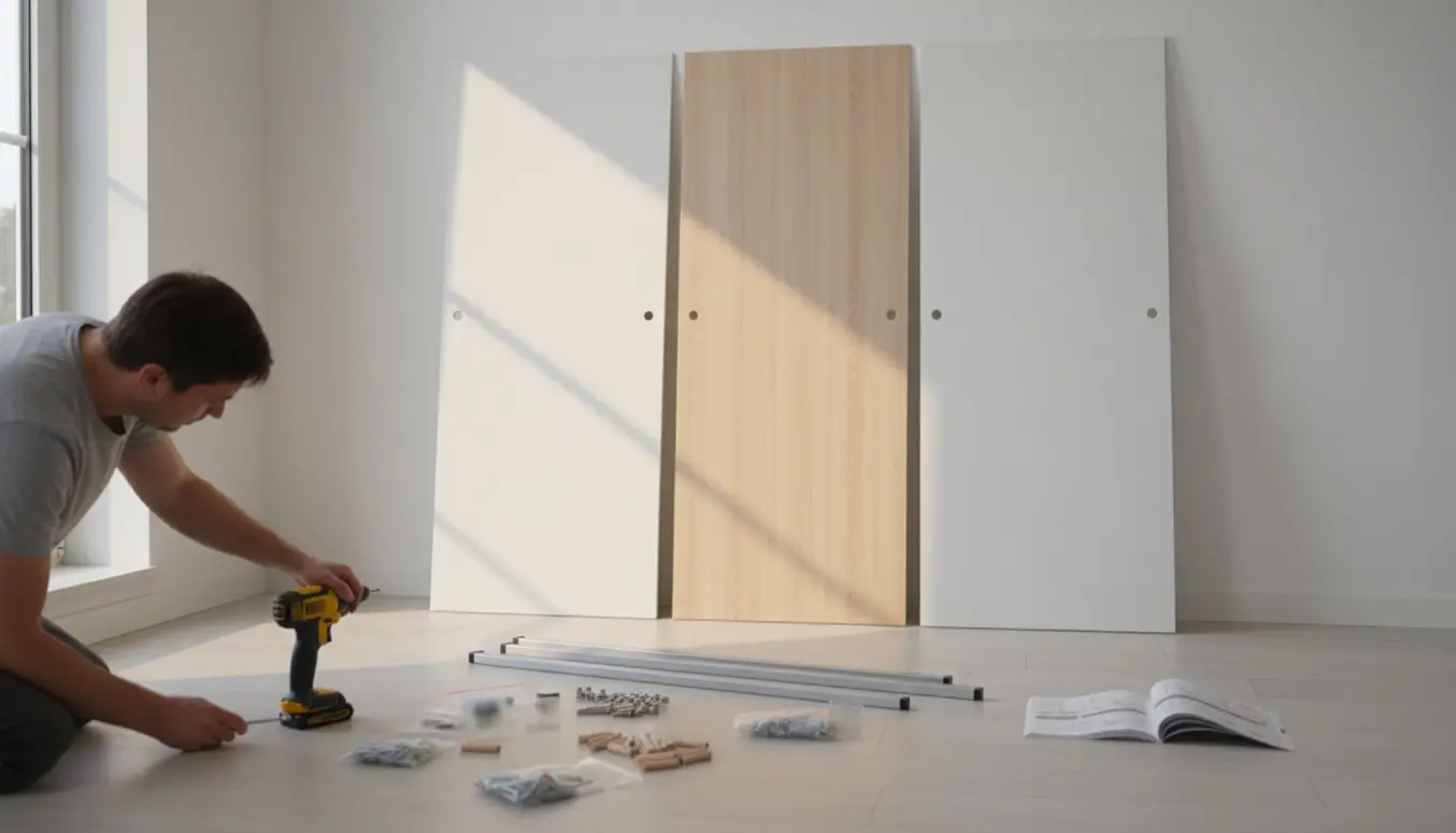 Delvist samlet trefløjet fladpakket garderobe i lyst soveværelse med værktøj og hænder i arbejde.