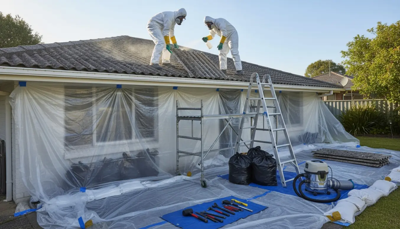 To personer i beskyttelsesdragter fjerner og forsejler intakte asbesttagplader fra et lavt tag med plastfolie og HEPA-udstyr.