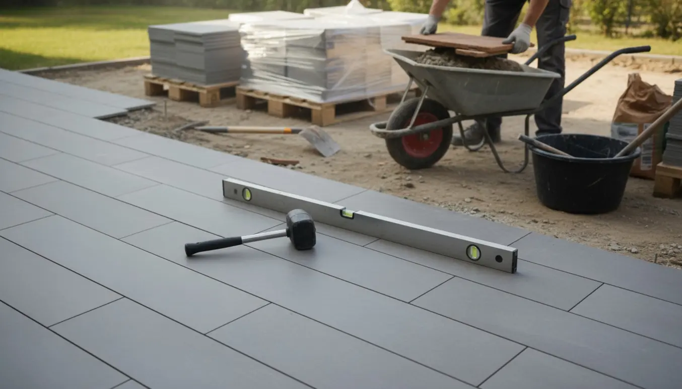 Terrasse under renovering med nye 30x60 cm fliser lagt i forbandt og værktøj omkring.