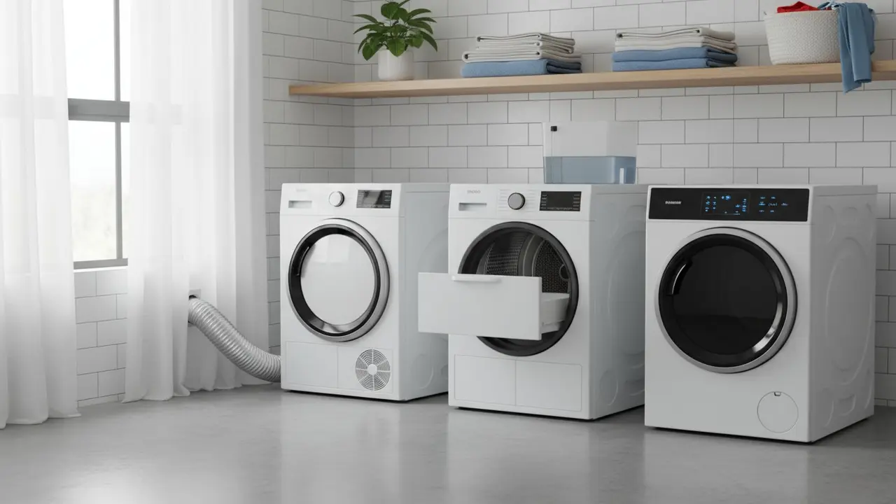 Tre forskellige tørretumblere i en lys bryggersopsætning, hver med særprægende udstyr