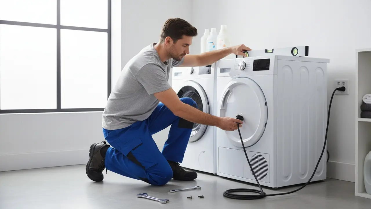 Tekniker retter tørretumbler i vater og sætter et jordet stik i stikkontakten