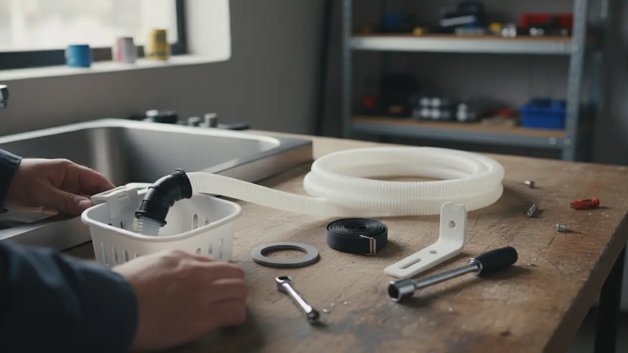 Afløbssæt til tørretumbler lagt op på bord med slange, vinkelkobling og plastkurv klar til montering