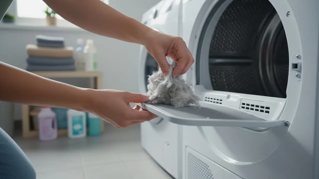 Hånd fjerner fnug fra et renset fnugfilter trukket ud af tørretumbleren