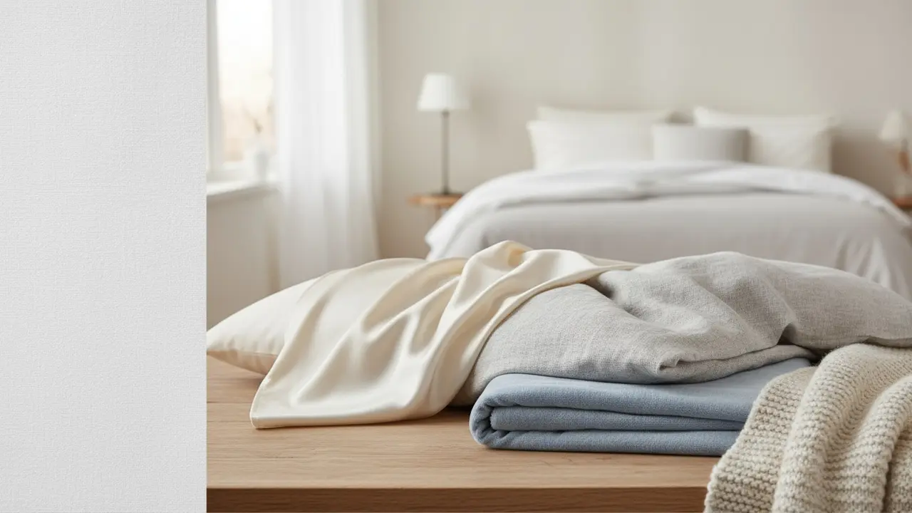 Billede af forskellige sengetøjsmaterialer (bomuld, silke, linned, mikrofiber, uld) lagt frem i naturligt lys