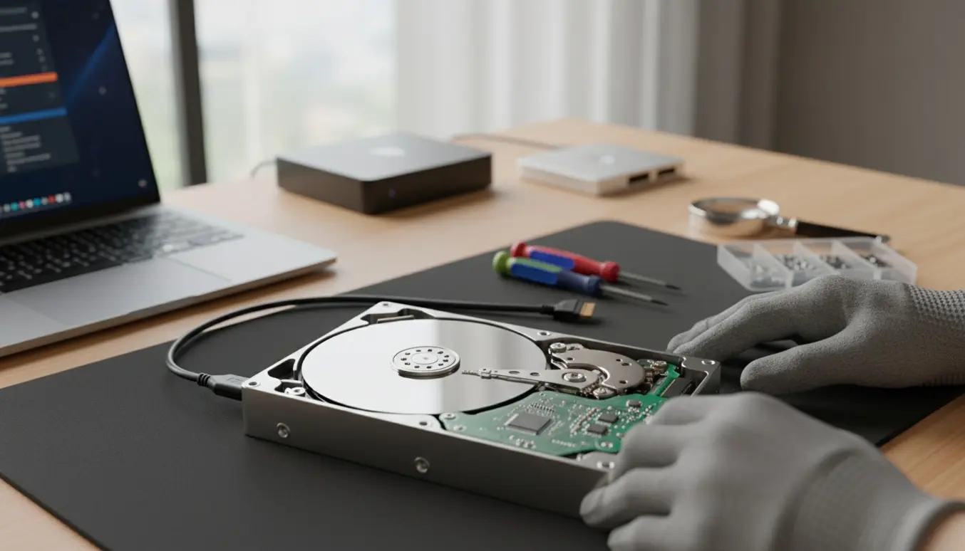 Arbejdsbord med åben ekstern harddisk, værktøj og en bærbar computer, mens data gendannes.