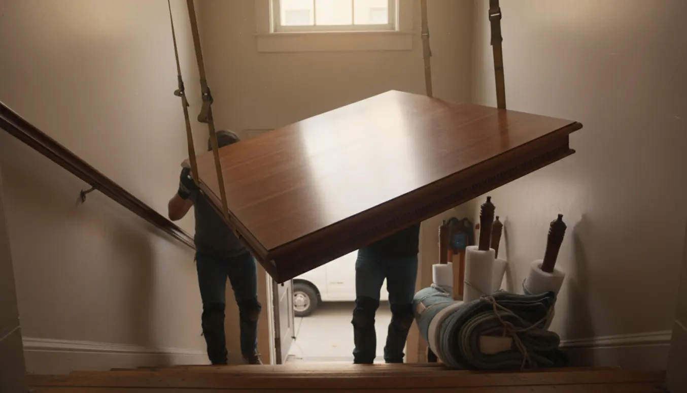 Tre flyttemænd bærer en tung massiv bordplade ned ad en smal trappe med løfteseler og beskyttelse.