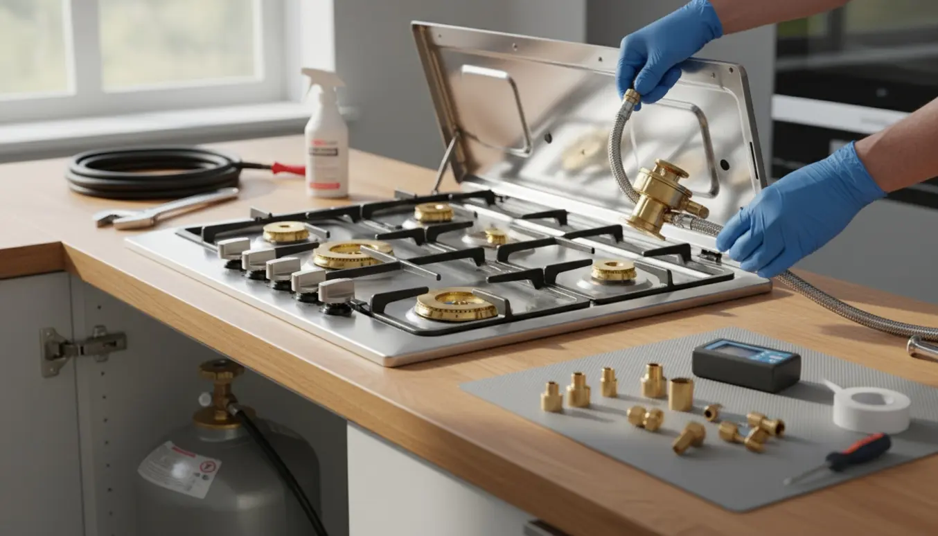 Installation af et 6-blus gaskomfur med handske-klædte hænder, slange, regulator og gasflaske i et køkken.