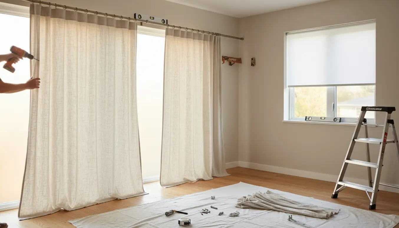 Hænder monterer to gardiner og et lille rullegardin i et lyst, moderne rum.