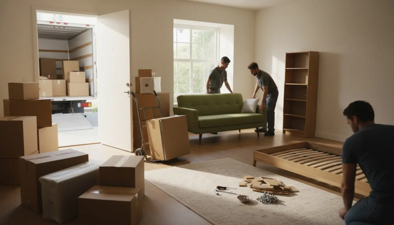 Flytning med sofa og seng i en lys lejlighed omgivet af flyttekasser og værktøj.